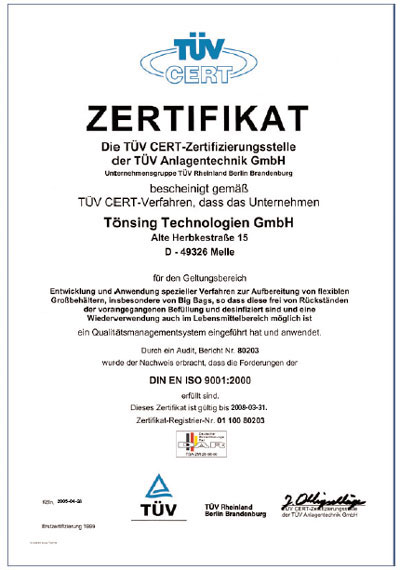 BigBag TV Zertifikat - DIN EN ISO 9001:2000